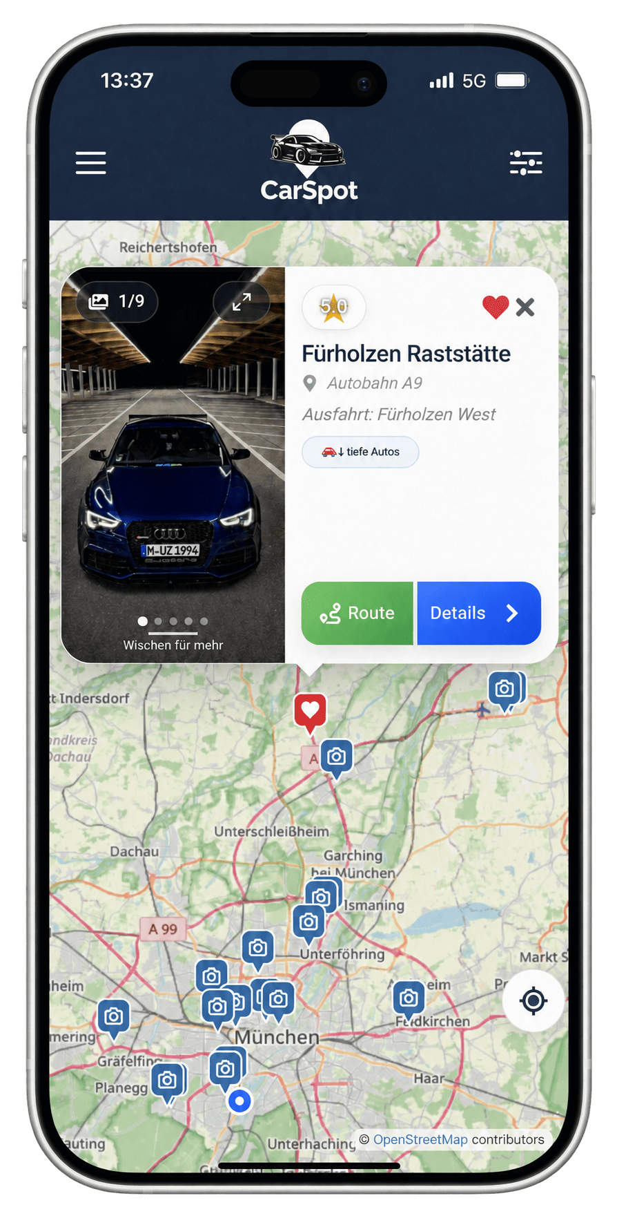 CarSpot App: Karte mit dem Foto-Spot Fürholzen, Bildern und direkter Routenplanung